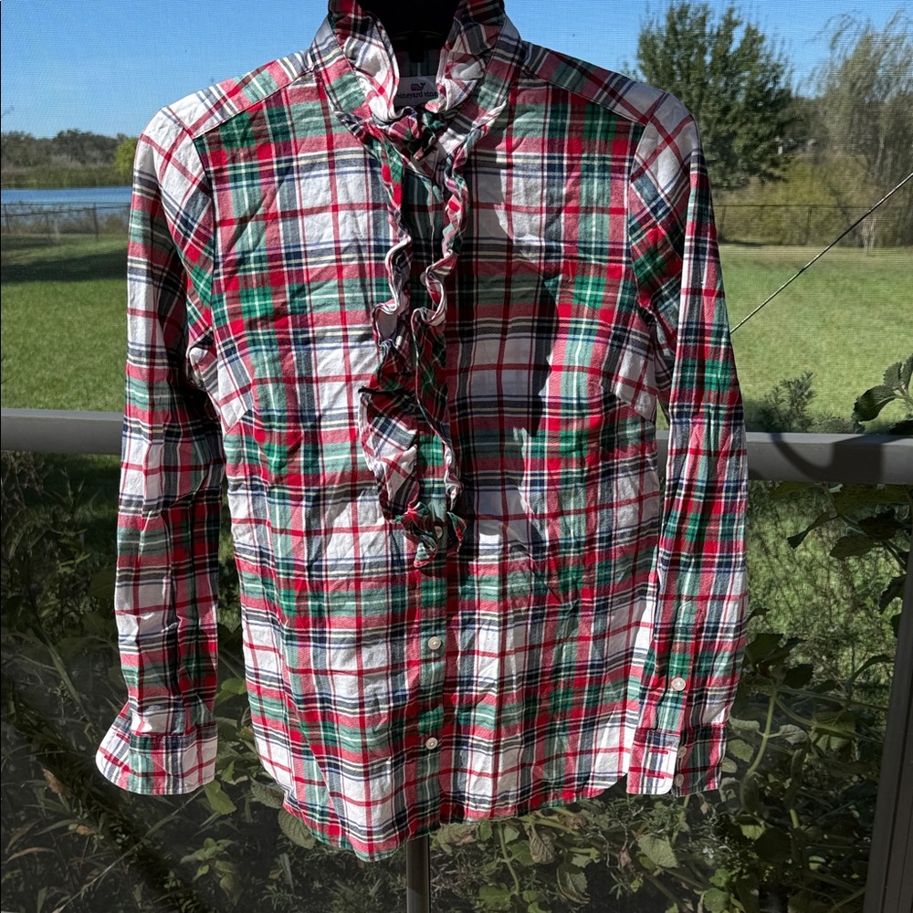 Vineyard Vines Red and Green Plaid Ruffle Shirt